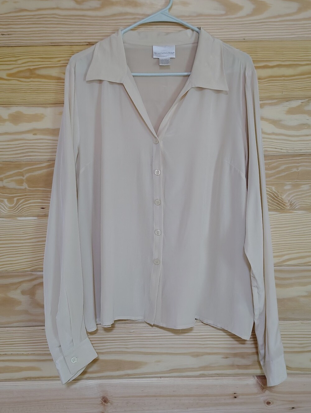 Worthington 100% Silk Blouse Light Beige Button-Down Long Sleeve Quiet Luxury XL